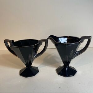 Vintage Westmoreland Black Geometric Amethyst Glass Footed Open Sugar & Creamer